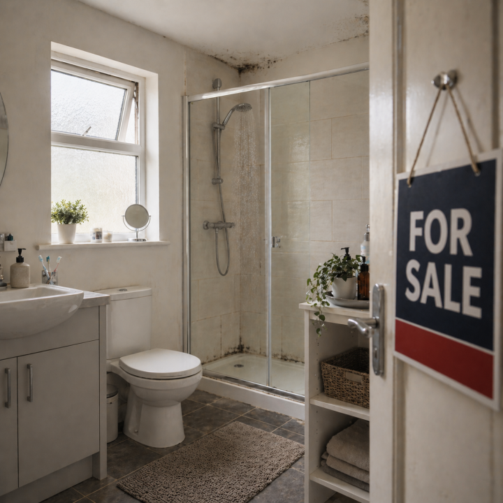 Image of a bathroom with a 'For Sale' sign on the front door